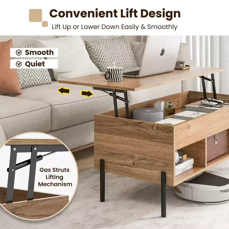 Lift Top Coffee Table with Storage Compartment & 3 Open Cubbies for Living Room