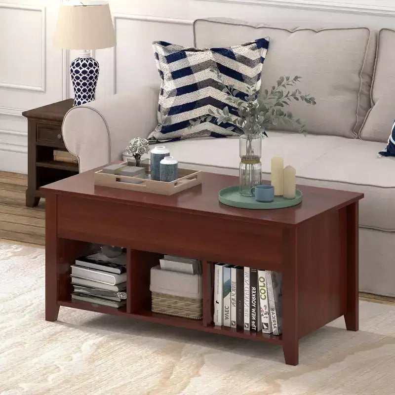 C ostway Lift Top Coffee Table with Hidden Compartment and Storage Shelves Brown