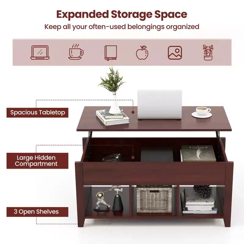 C ostway Lift Top Coffee Table with Hidden Compartment and Storage Shelves Brown