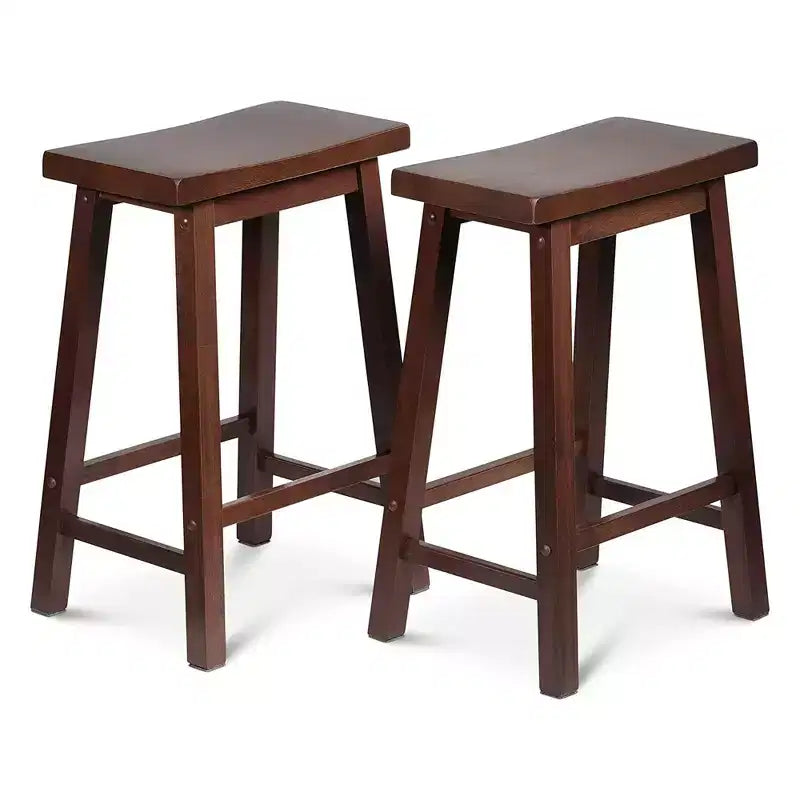 Classic Saddle-Seat 24 Tall Kitchen Counter Stools for Homes, Dining Spaces, and Bars w/ Backless Seats, 4 Square Legs, Walnut (Set of 8)