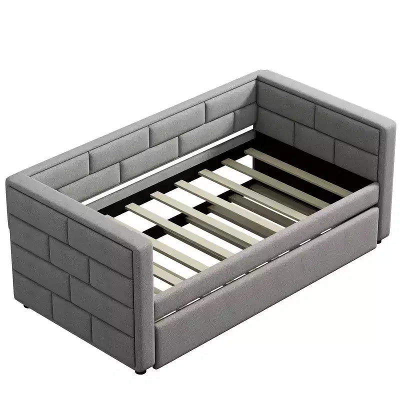 Twin Size Daybed with Trundle Bed and Padded Back, Gray